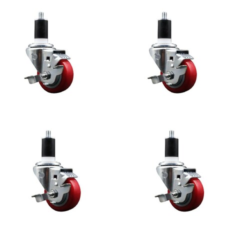 Service Caster 3'' SS Red Poly Swivel 1-1/2'' Expanding Stem Caster Set with Brake, 4PK SCC-SSEX20S314-PPUB-RED-TLB-112-4